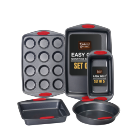 Baker's Secret Bakeware Sets - Baking Pans Set with Grip (Color: Dark Grey with Red heat handles)