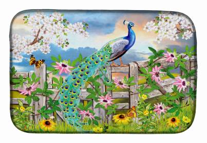 Bird Art Dish Drying Mat (Color: Peacock on Garden Fence, size: 14 x 21)