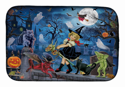 Halloween themed Dish Drying Mat (Color: Littlest Witch's Halloween Party, size: 14 x 21)