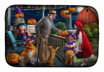 Halloween themed Dish Drying Mat (Color: Halloween at Grandpa's Golden Retriever, size: 14 x 21)