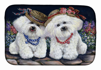 Dog Breed Art Dish Drying Mat (Color: Bichon Frise Sisters, size: 14 x 21)