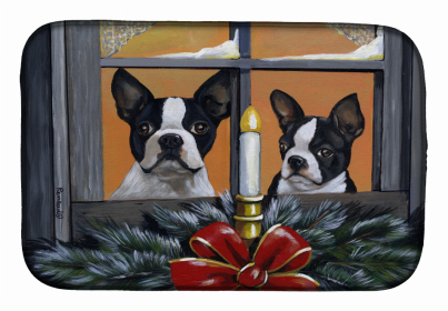 Dog Breed Art Dish Drying Mat (Color: Boston Terrier Looking for Santa Christmas, size: 14 x 21)