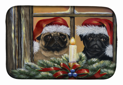 Dog Breed Art Dish Drying Mat (Color: Pug Christmas Anticipation, size: 14 x 21)