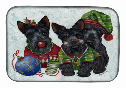 Dog Breed Art Dish Drying Mat (Color: Scottish Terrier Christmas Elves, size: 14 x 21)