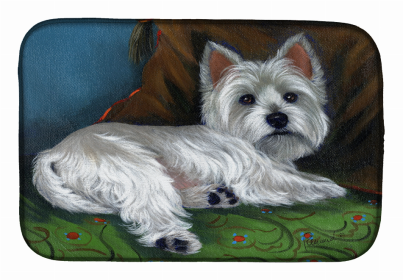 Dog Breed Art Dish Drying Mat (Color: Westie Wake Up, size: 14 x 21)