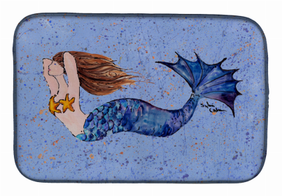 Mermaid/Merman Dish Drying Mat (Color: Brown Headed Mermaid on Blue, size: 14 x 21)