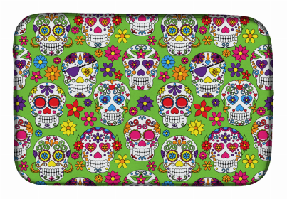 Day of the Dead Dish Drying Mat (Color: Green, size: 14 x 21)