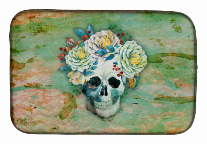 Day of the Dead Dish Drying Mat (Color: Skull with Flowers, size: 14 x 21)