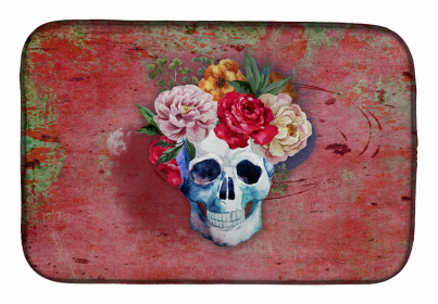 Day of the Dead Dish Drying Mat (Color: Red Flowers Skull, size: 14 x 21)