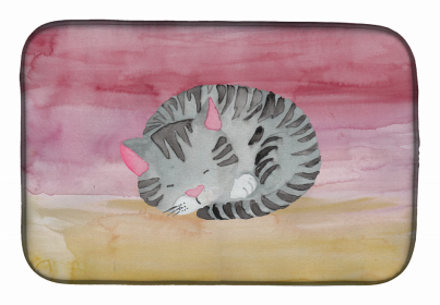 Animal Watercolor Dish Drying Mat (Color: Sleeping Grey Cat Watercolor, size: 14 x 21)