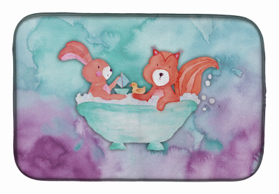 Animal Bathing Watercolor Dish Drying Mat (Color: Rabbit and Squirrel Bathing Watercolor, size: 14 x 21)