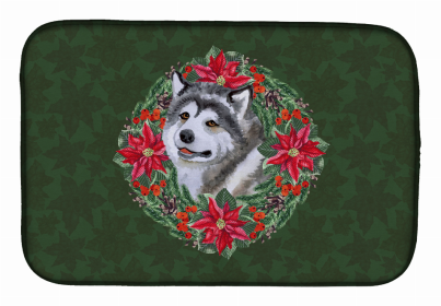 Poinsettia Wreath Dog on Dish Drying Mat (size: 14 x 21)