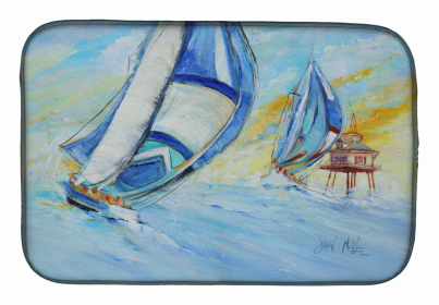 Sailboats Dish Drying Mat (Color: Sailboats and Middle Bay Lighthouse, size: 14 x 21)