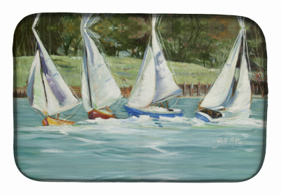 Sailboats Dish Drying Mat (Color: Sailboats on the bay, size: 14 x 21)