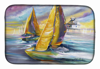 Sailboats Dish Drying Mat (Color: Sailboat with Middle Bay Lighthouse, size: 14 x 21)