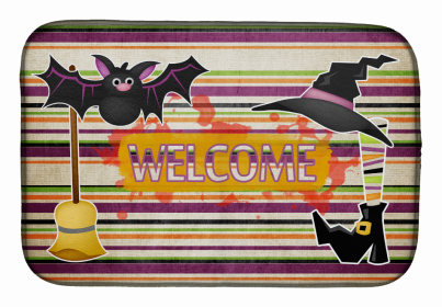 Halloween themed Dish Drying Mat (Color: Witch Costume and Broom on Stripes Halloween, size: 14 x 21)