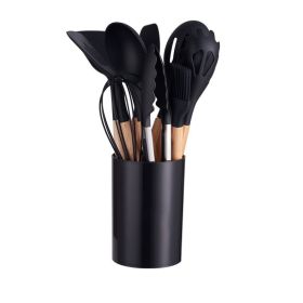 12-piece Silicone Kitchenware With Wooden Handle (Option: Black-12pcs Set)